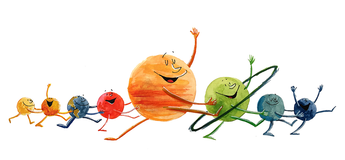 ilustración para libro infantil planetas sistema solar